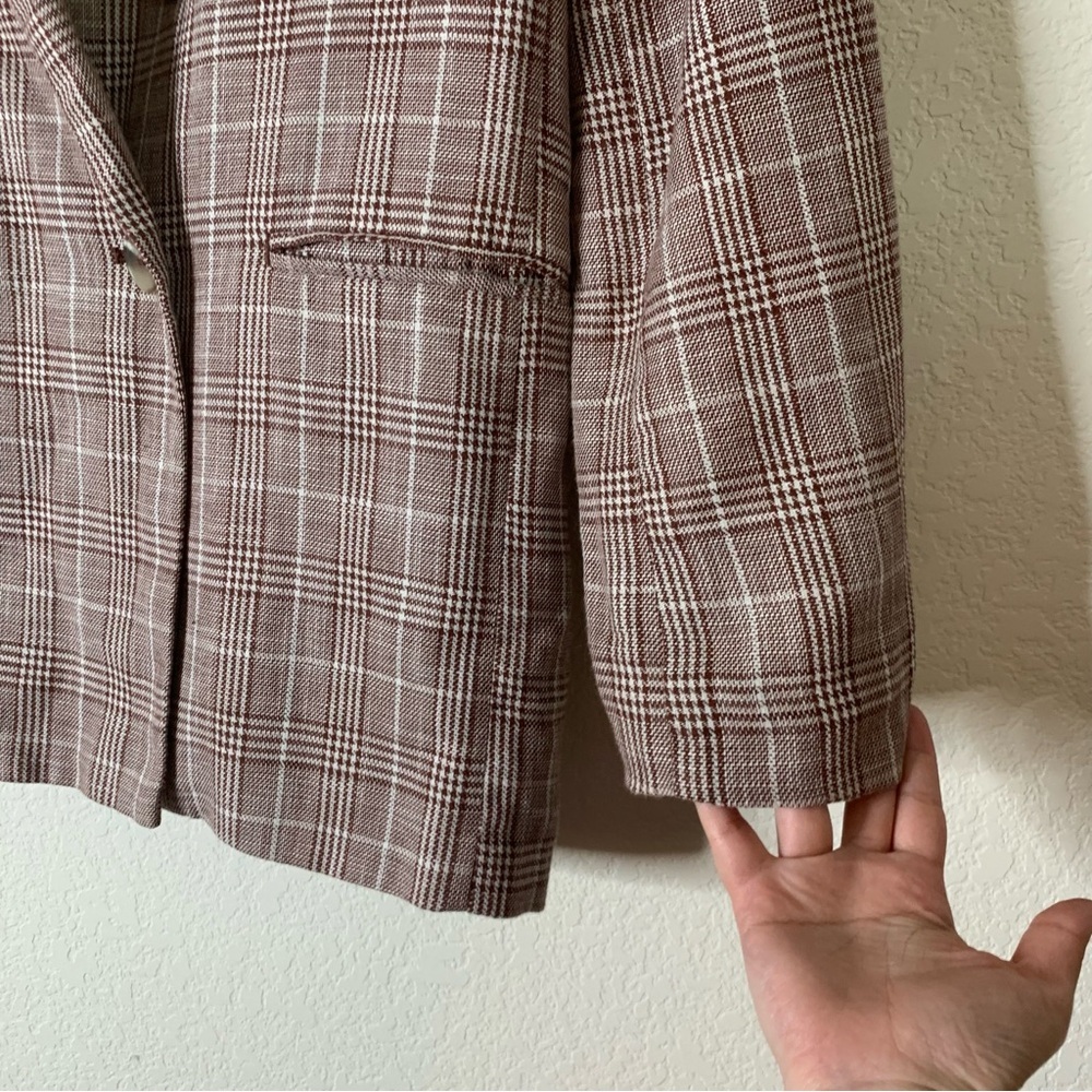 Maeve Anthropologie brown double-breasted linen blend plaid blazer 8 - Picture 3 of 10
